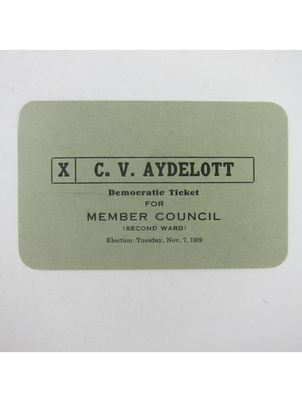 Political Campaign Election Card Richmond Indiana C.V. Aydelott Vintage 1939